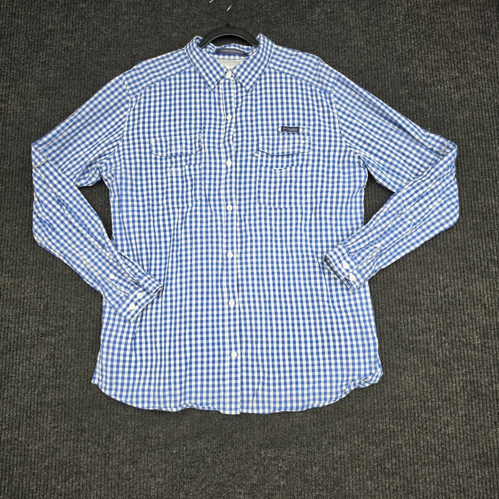 Columbia PFG Super Bonehead Fishing Shirt XL Blue Gingham Long Sleeve FL7060